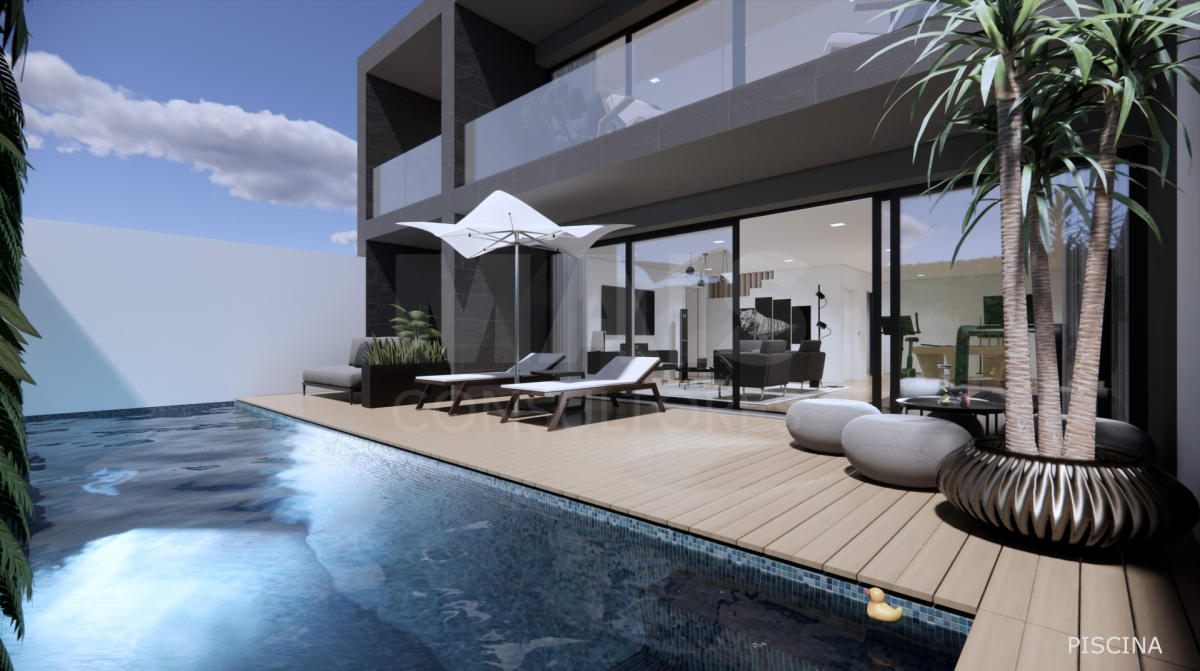 Moradia T5 em Loures, com arquitetura moderna, acabamentos de luxo, com 4 pisos com elevador, piscina aquecida e vista panorâmica.